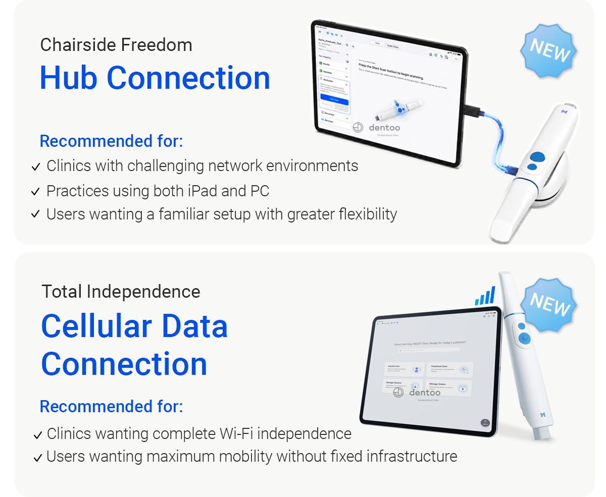 New connection options for the MEDIT i900 Mobility: Hub connection for chairside freedom and cellular connection for full independence